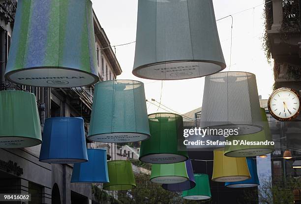 Colourful lampshades are exhibited in Montenapoleone Street for the 2010 Milan International Furniture Fair on April 18, 2010 in Milan, Italy.