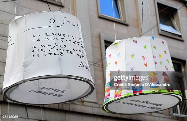 Colourful lampshades are exhibited in Montenapoleone Street for the 2010 Milan International Furniture Fair on April 18, 2010 in Milan, Italy.