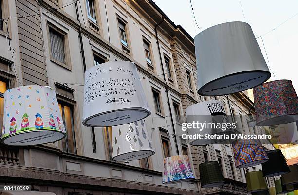 Colourful lampshades are exhibited in Montenapoleone Street for the 2010 Milan International Furniture Fair on April 18, 2010 in Milan, Italy.