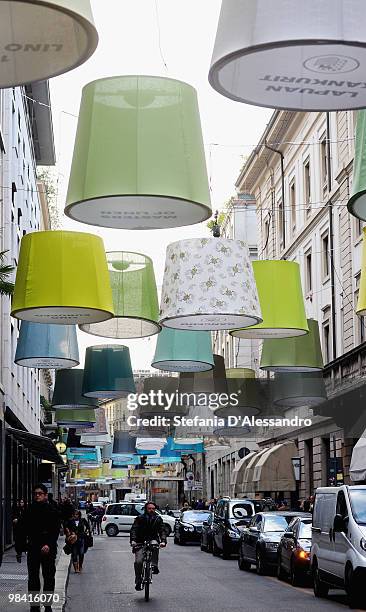 Colourful lampshades are exhibited in Montenapoleone Street for the 2010 Milan International Furniture Fair on April 18, 2010 in Milan, Italy.