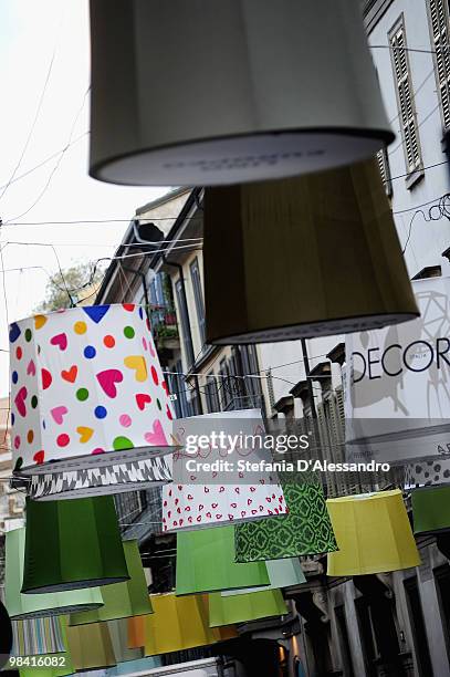 Colourful lampshades are exhibited in Montenapoleone Street for the 2010 Milan International Furniture Fair on April 18, 2010 in Milan, Italy.