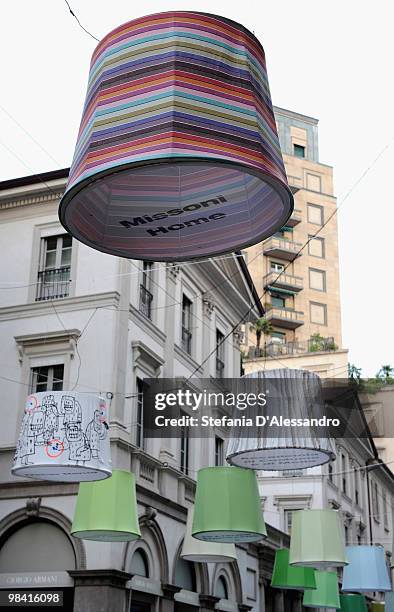 Colourful lampshades are exhibited in Montenapoleone Street for the 2010 Milan International Furniture Fair on April 18, 2010 in Milan, Italy.