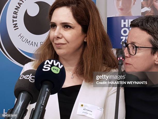 Vida Mehrannia , wife of Ahmadreza Djalali who was sentenced to the death penalty for espionage in Iran without a fair trial, holds a press...