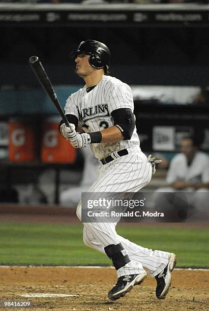 Jorge Cantu of the Florida Marlins during bats during a MLB game against the Los Angeles Dodgers at Sun Life Stadium on April 9, 2010 in Miami,...