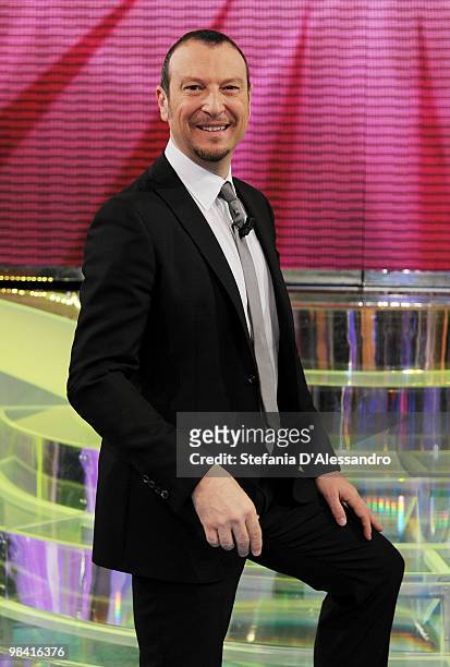 Presenter Amadeo Sebastiani known as Amadeus poses after 'Cuore Di Mamma' Italian TV Show held at RAI Studios on April 12, 2010 in Milan, Italy.