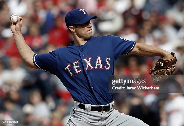 Rich Harden of the Texas Rangers pitches against the Cleveland Indians during the Opening Day game on April 12, 2010 at Progressive Field in...