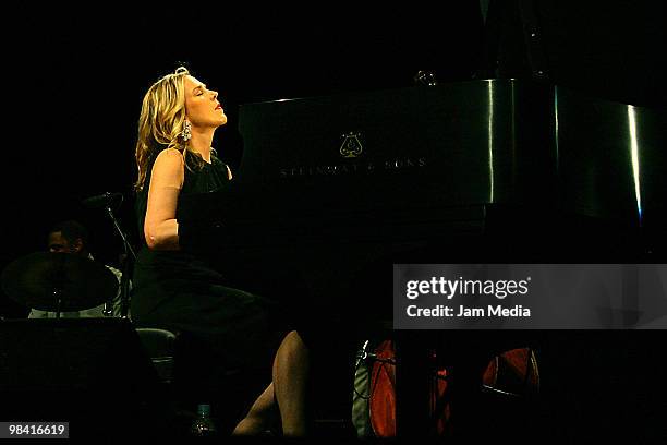 Canadian jazz pianist and singer Diana Krall performs during a concert at Arena Monterrey on April 11, 2010 in Monterrey, Mexico.