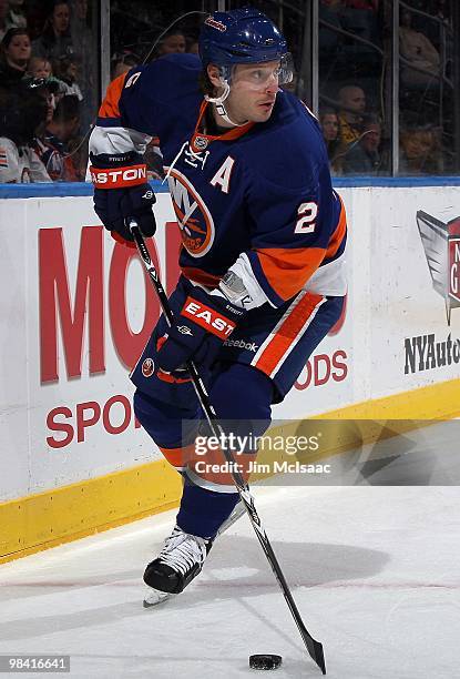 Mark Streit of the New York Islanders skates against the Ottawa Senators on April 3, 2010 at Nassau Coliseum in Uniondale, New York. The Isles...