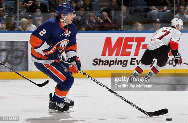 Mark Streit of the New York Islanders skates against the Ottawa Senators on April 3, 2010 at Nassau Coliseum in Uniondale, New York. The Isles...