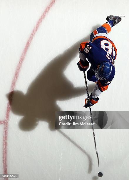 Jack Hillen of the New York Islanders warms up before playing against the Ottawa Senators on April 3, 2010 at Nassau Coliseum in Uniondale, New York.