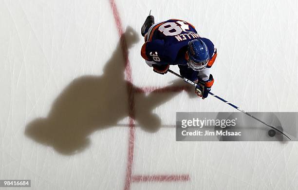 Jack Hillen of the New York Islanders warms up before playing against the Ottawa Senators on April 3, 2010 at Nassau Coliseum in Uniondale, New York.