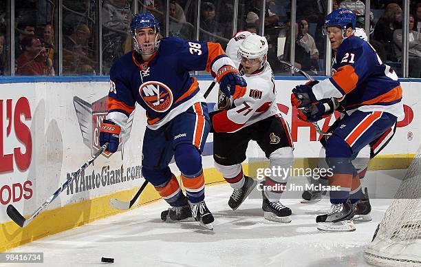 Jack Hillen of the New York Islanders skates against the Ottawa Senators on April 3, 2010 at Nassau Coliseum in Uniondale, New York. The Isles...