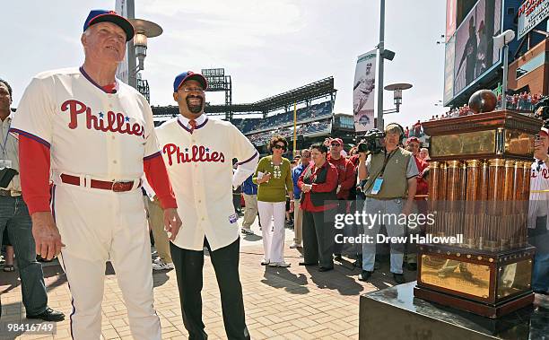 Manager Charlie Manuel of the Philadelphia Phillies and Mayor Michael Nutter of Philadelphia wait for the team to arrive at the ballpark before the...