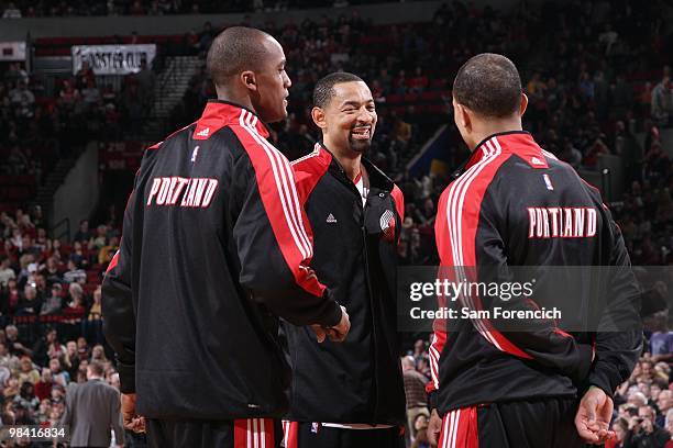 Juwan Howard of the Portland Trail Blazers talks before the game against the Utah Jazz on February 21, 2010 at the Rose Garden Arena in Portland,...