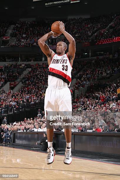 Dante Cunningham of the Portland Trail Blazers makes a jumpshot against the Utah Jazz during a game on February 21, 2010 at the Rose Garden Arena in...