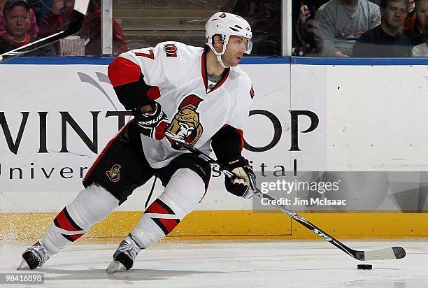 Matt Cullen of the Ottawa Senators skates against the New York Islanders on April 3, 2010 at Nassau Coliseum in Uniondale, New York. The Isles...