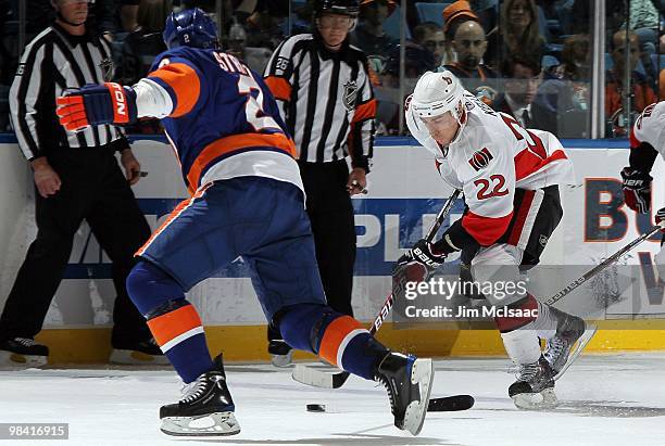 Chris Kelly of the Ottawa Senators skates against the New York Islanders on April 3, 2010 at Nassau Coliseum in Uniondale, New York. The Isles...