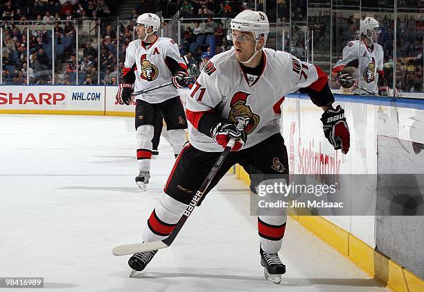 Nick Foligno of the Ottawa Senators skates against the New York Islanders on April 3, 2010 at Nassau Coliseum in Uniondale, New York. The Isles...