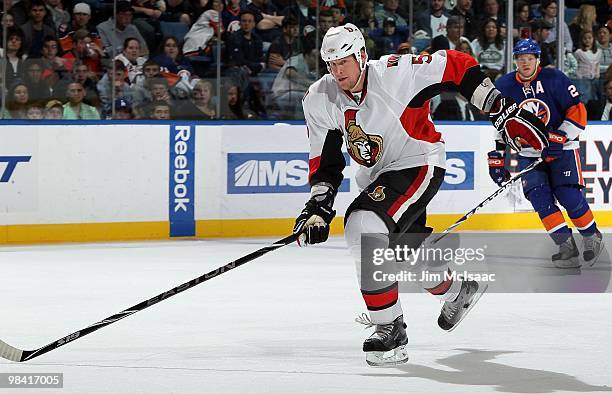 Andy Sutton of the Ottawa Senators skates against the New York Islanders on April 3, 2010 at Nassau Coliseum in Uniondale, New York. The Isles...