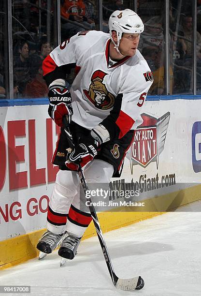 Andy Sutton of the Ottawa Senators skates against the New York Islanders on April 3, 2010 at Nassau Coliseum in Uniondale, New York. The Isles...