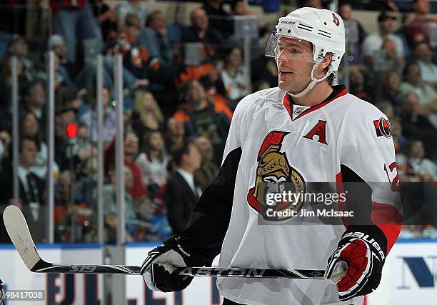 Mike Fisher of the Ottawa Senators skates against the New York Islanders on April 3, 2010 at Nassau Coliseum in Uniondale, New York. The Isles...