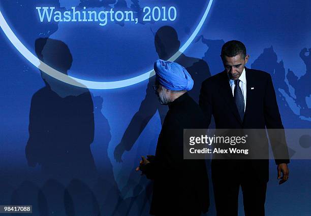 President Barack Obama greets Prime Minister of the Republic of India Manmohan Singh at the Nuclear Security Summit April 12, 2010 in Washington, DC....
