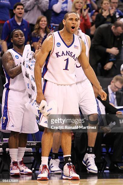 Xavier Henry of the Kansas Jayhawks reacts against the Northern Iowa Panthers during the second round of the 2010 NCAA men's basketball tournament at...