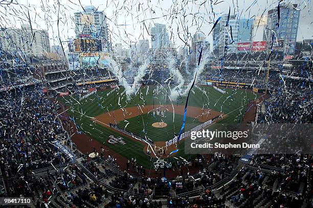 Streamers are released over the stadium during home oening day ceremonies before the game between the Atlanta Braves and the San Diego Padres on...