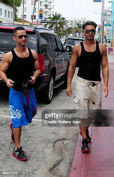 Michael 'the Situation' Sorrentino and Paul "Pauly D" DelVecchio are seen on April 9, 2010 in Miami Beach, Florida.