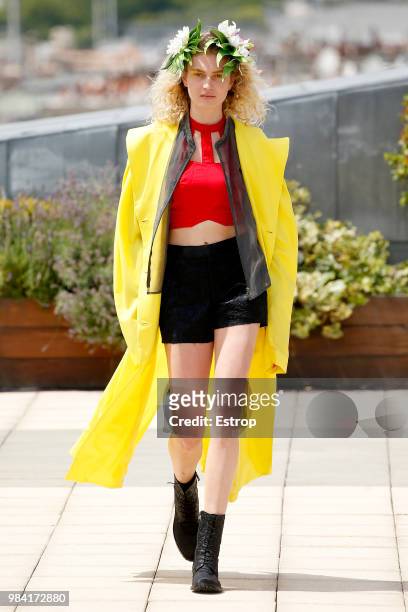 Model walks the runway during the Rynshu Menswear Spring/Summer 2019 show as part of Paris Fashion Week on June 24, 2018 in Paris, France.
