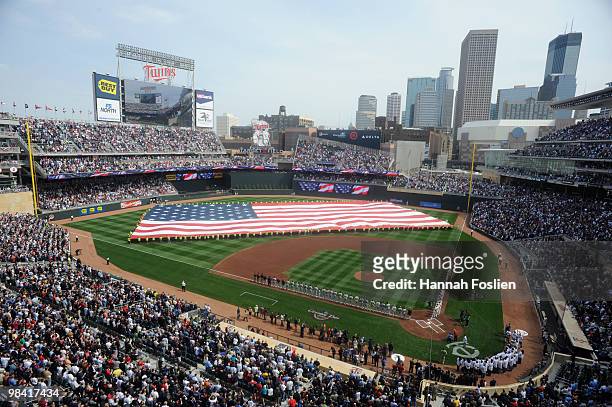 Target Field during the National Anthem during the Minnesota Twins home opener against the Boston Red Sox on April 12, 2010 in Minneapolis, Minnesota.