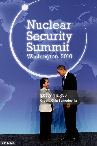 President Barack Obama welcomes Philippines President Gloria Macapagal-Arroyo to the start of the Nuclear Security Summit at the Washington...