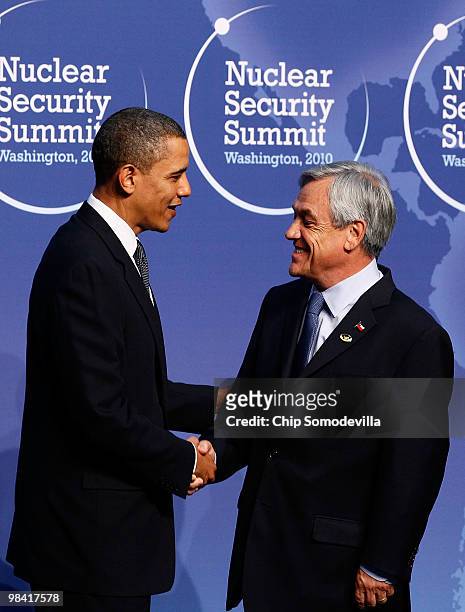 President Barack Obama welcomes Chilean President Sebastian Pinera to the start of the Nuclear Security Summit at the Washington Convention Center...