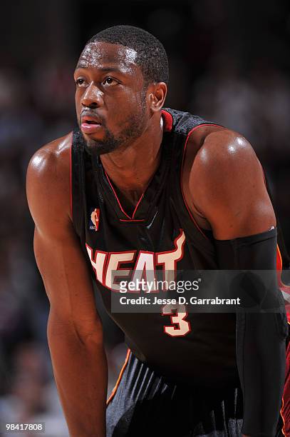 Dwyane Wade of the Miami Heat looks on during the game against the Philadelphia 76ers on April 12, 2010 at the Wachovia Center in Philadelphia,...
