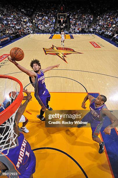 Robin Lopez of the Phoenix Suns rebounds during the game against the Golden State Warriors at Oracle Arena on March 22, 2010 in Oakland, California....