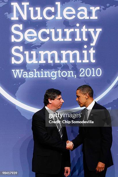 President Barack Obama welcomes Czech Republic Prime Minister Jan Fischer to the start of the Nuclear Security Summit at the Washington Convention...