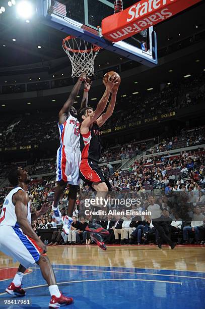 Will Bynum of the Detroit Pistons goes up to block a shot attempt by Jose Calderon of the Toronto Raptors in a game at the Palace of Auburn Hills on...