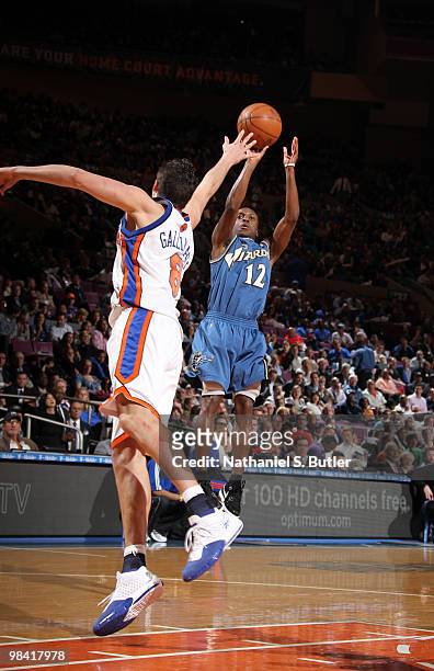 Earl Boykins of the Washington Wizards shoots against Danilo Gallinari of the New York Knicks on April 12, 2010 at Madison Square Garden in New York...