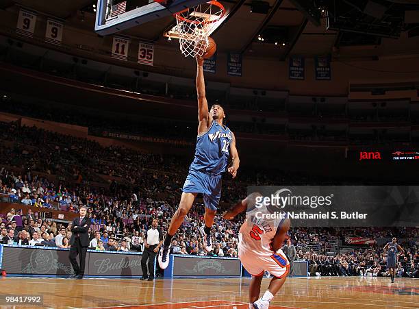 James Singleton of the Washington Wizards shoots against Bill Walker of the New York Knicks on April 12, 2010 at Madison Square Garden in New York...