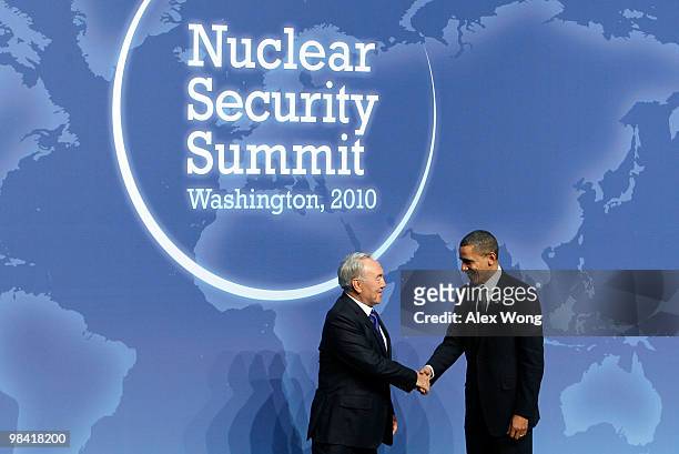 President Barack Obama shakes hands with President of the Republic of Kazakhstan Nursultan Nazarbayev at the Nuclear Security Summit April 12, 2010...