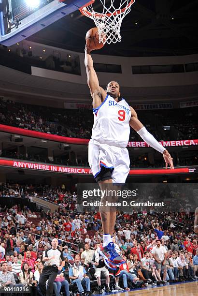 Andre Iguodala of the Philadelphia 76ers dunks the ball against the Miami Heat during the game on April 12, 2010 at the Wachovia Center in...