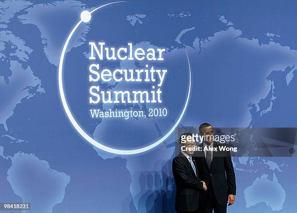 President Barack Obama and South Korean President Lee Myung-bak pose for photographer at the Nuclear Security Summit April 12, 2010 in Washington,...