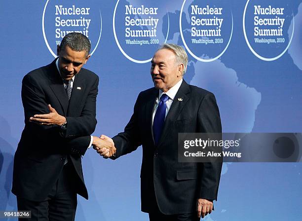 President Barack Obama shakes hands with President of the Republic of Kazakhstan Nursultan Nazarbayev at the Nuclear Security Summit April 12, 2010...