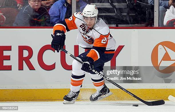 Matt Moulson of the New York Islanders skates against the New Jersey Devils at the Prudential Center on April 10, 2010 in Newark, New Jersey.