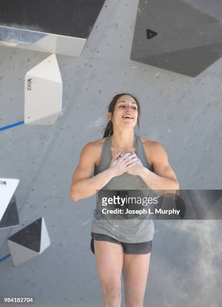 Alex Puccio of Team​ USA celebrates after winning the IFSC Climbing World Cup on June 9, 2018 in Vail, Colorado. Puccio won every round of the...