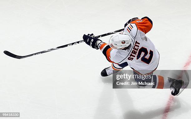 Mark Streit of the New York Islanders skates against the New Jersey Devils at the Prudential Center on April 10, 2010 in Newark, New Jersey.