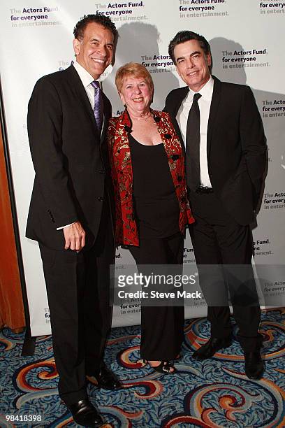 Brian Stokes Mitchell, Abby Schroeder and Peter Gallagher attend the Actors Fund annual gala at The New York Marriott Marquis on April 12, 2010 in...