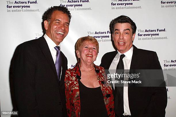 Brian Stokes Mitchell, Abby Schroeder and Peter Gallagher attend the Actors Fund annual gala at The New York Marriott Marquis on April 12, 2010 in...