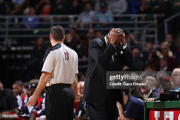 Head Coach Mike Woodson of the Atlanta Hawks reacts to a call during an NBA game against the Milwaukee Bucks on April 12, 2010 at the Bradley Center...