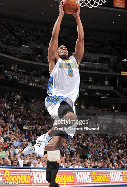 Arron Afflalo of the Denver Nuggets goes to the basket against the Memphis Grizzlies on April 12, 2010 at the Pepsi Center in Denver, Colorado. NOTE...